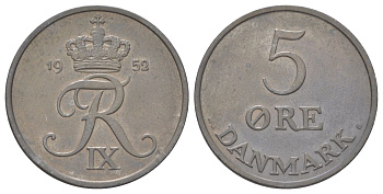 Дания 5 эре 1952 N; S, Фредерик IX (1947-1972) KM 843.1 цинк 4628-935