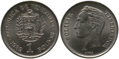 Венесуэла 1 боливар 1989 Симон Боливар KM 52a.2 сталь плакированная никелем 4529-131