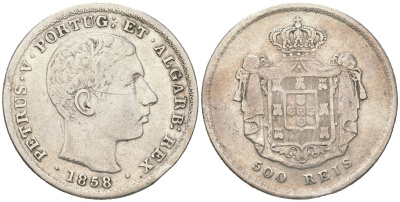 Португалия 500 реалов 1858 Педру V (1853-1861) KM 498 серебро 272-1344