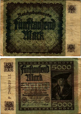 ГЕРМАНИЯ 5000 МАРОК 1922 2 ДЕКАБРЯ 1922, ВОДЯНОЙ ЗНАК I Pick 81c бумага 7487-52-2-2