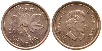 Канада 1 цент 2004 Елизавета II (1952-2022), кленовый лист KM 490 цинк плакированный медью 220-1021