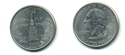 США 25 центов = квотер 2000 Р, серия штаты США, Мэриленд KM 306 медь плакированная медно-никелем 4388-756