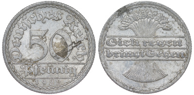 Германия 50 пфеннигов 1922 A KM 27, J. 301 алюминий 4148-817