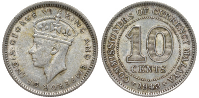 Британская Малайя 10 центов 1943 Георг VI (1937-1952) KM 4a серебро 53-232