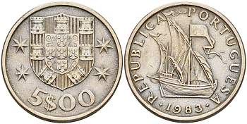 Португалия 5 эскудо 1983 парусник KM 591 медно-никель    4161-815