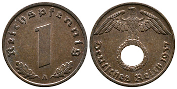 Германия 1 рейхспфенниг 1937 A KM 89, J. 361 бронза    220-214