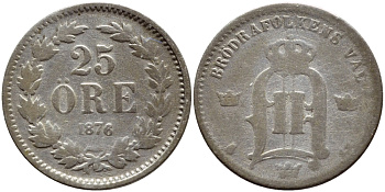 Швеция 25 эре 1876 ST, Оскар II (1872-1907) король Швеции и Норвегии KM 738 серебро 1530-612