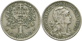ПОРТУГАЛИЯ 1 ЭСКУДО 1929 ГОЛОВА СВОБОДЫ ВПРАВО KM 578 медно-никель 79-1312