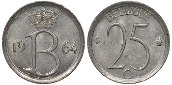 Бельгия 25 сантимов 1964 BELGIQUE KM 153 медно-никель 4124-543