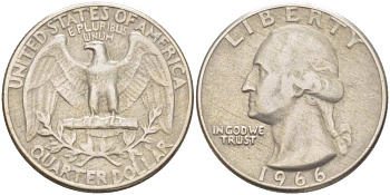 США 25 центов (квотер) 1966 Вашингтон KM 164a медь плакированная медно-никелем 4402-154