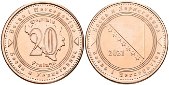 Босния и Герцеговина 20 фенигов 2021 KM 116 сталь плакированная медью UNC 4514-1034