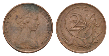 Австралия 2 цента 1966 Елизавета II (1952-2022), плащеносная ящерица KM 63 бронза 4585-825