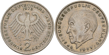 ФРГ 2 марки 1973 J, Конрад Аденауэр KM 124, J. 406 медно-никель 4159-1231
