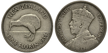 Новая Зеландия 1 флорин 1934 Георг V (1910-1936), птичка киви KM 4 серебро 272-1312