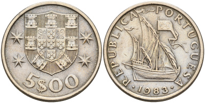Португалия 5 эскудо 1983 парусник KM 591 медно-никель    4161-815