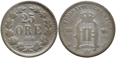 Швеция 25 эре 1876 ST, Оскар II (1872-1907) король Швеции и Норвегии KM 738 серебро 1530-612