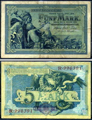 Германия 5 марок 1904 6 значный номер, серия Z Pick 8 a бумага 7214-24-2-2