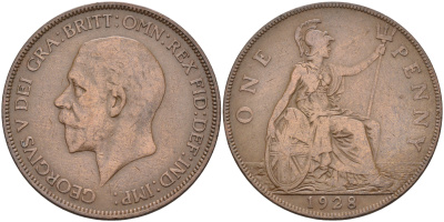 Великобритания 1 пенни 1928 Георг V (1910-1936) КМ 826, Spink 4054 бронза 4590-1216