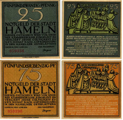 ХАМЕЛЬН НАБОР ИЗ 2 БАНКНОТ (25 И 75 ПФЕННИГОВ) 1921 1 ИЮНЯ И1921, НОТГЕЛЬД, ЗЕМЛЯ НИЖНЯЯ САКСОНИЯ, РЕГИОН ГАМЕЛЬН-ПИРМОНТ Keller 566.1 бумага 6318-24-2-2