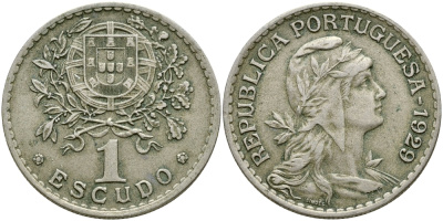 ПОРТУГАЛИЯ 1 ЭСКУДО 1929 ГОЛОВА СВОБОДЫ ВПРАВО KM 578 медно-никель 79-1312
