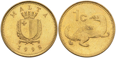 Мальта 1 цент 1998 ласка, горностай KM 93 никель латунь 4585-1247