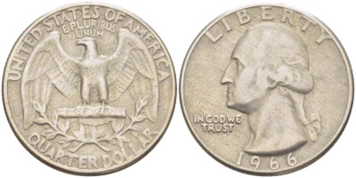 США 25 центов (квотер) 1966 Вашингтон KM 164a медь плакированная медно-никелем 4402-154