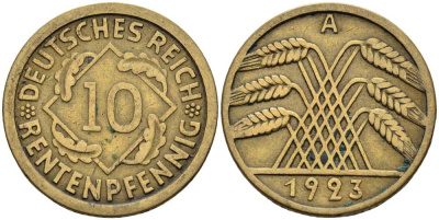 ГЕРМАНИЯ 10 РЕНТЕНПФЕННИГОВ 1923 А KM 33, J. 309 алюминиевая бронза 4401-343