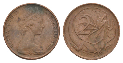 Австралия 2 цента 1966 Елизавета II (1952-2022), плащеносная ящерица KM 63 бронза 4585-825