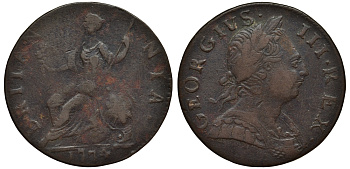 Великобритания 1/2 пенни 1774 Георг III (1760-1820) KM 601, Spink 3774 медь 1523-941