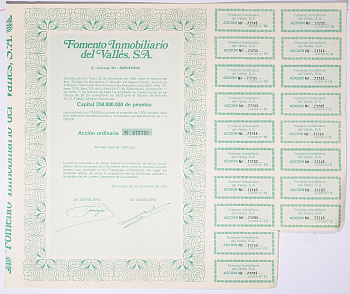 Испания акция на 1000 песет 1973 Fomento Inmobiliario del Valles, S.A., Барселона 1973, с купонами   бумага   5548-10-2-2