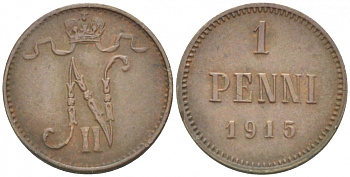 РОССИЯ ДЛЯ ФИНЛЯНДИИ 1 ПЕННИ 1915 НИКОЛАЙ II KM 13, Биткин 475 медь 4396-1455