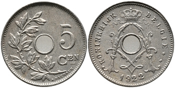 БЕЛЬГИЯ 5 САНТИМОВ 1922 BELGIE KM 67 медно-никель 76-118