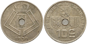 Бельгия 10 сантимов 1939 Belgie - Belgique KM 113 никель латунь 39-1159