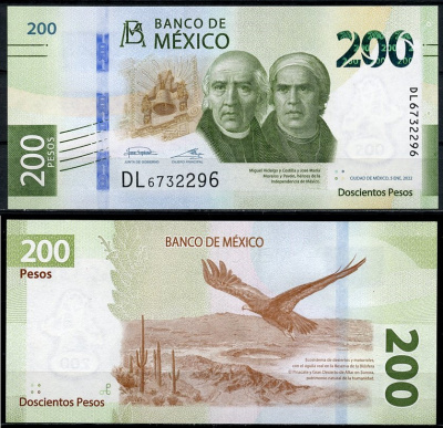 Мексика 200 песо 2022 колокол, Мигель Идальго-и-Костилья, Хосе Мария Морелос, орел, 5 января 2022 Pick 135 (1-2022-2)  бумага  UNC (пресс) 00-00