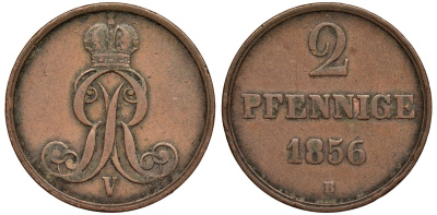 Брауншвейг-Каленберг-Ганновер 2 пфеннига 1856 B, Георг V (1851-1866) KM 217,  AKS152, J. 84 медь 4142-153