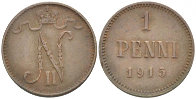 РОССИЯ ДЛЯ ФИНЛЯНДИИ 1 ПЕННИ 1915 НИКОЛАЙ II KM 13, Биткин 475 медь 4396-1455