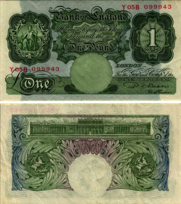 АНГЛИЯ 1 ФУНТ 1949-1955 ЗЕЛЕНЫЙ, ПОДПИСЬ P.S. BEALE Pick 369b бумага XF 7183-32-3-2