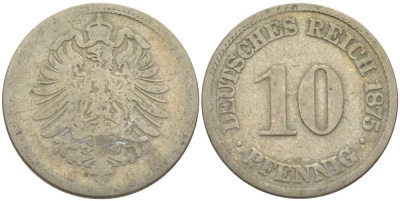 ГЕРМАНИЯ 10 ПФЕННИГОВ 1875 А, СТАРОГЕРБОВКА KM 4, J. 4 медно-никель 210-622