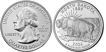 США 25 центов (квотер) 2006 D, серия штаты США, Северная Дакота KM 385 медь плакированная медно-никелем  UNC  M20-15