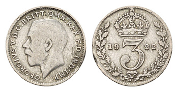 Великобритания 3 пенса 1922 Георг V (1910-1936) KM 813a, Spink 4026 серебро 4174-1063