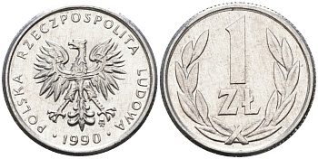 Польша 1 злотый 1990 MW, Народная Республика KM 49.3, Parchimowicz 215b алюминий UNC 4580-726