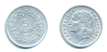 ФРАНЦИЯ 5 ФРАНКОВ 1946 KM 888b.1 алюминий 4383-513