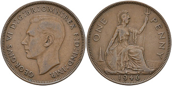 Великобритания 1 пенни 1946 Георг VI (1936-1952) KM 845, Spink 4114 бронза 4117-842