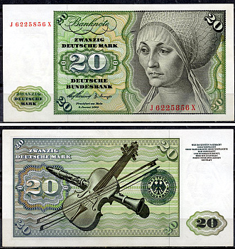 ФРГ 20 марок 1960 Эльсбет Тухер (Альбрехт Дюрер), скрипка, кларнет Pick 20 a  бумага  aUNC 451-916-2