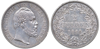 Вюртемберг 1/2 гульдена 1866 CS, Карл I (1864-1891) KM 613, Jaeger 84 a, AKS 127 серебро    1531-1314