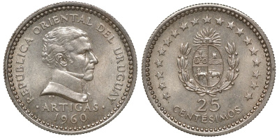 Уругвай 25 сентесимо 1960 KM 40 медно-никель 4169-918