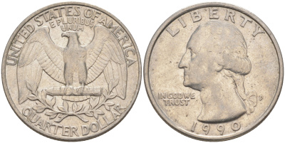 США 25 центов = квотер 1990 P, Вашингтон KM A164a медь плакированная медно-никелем 4114-926