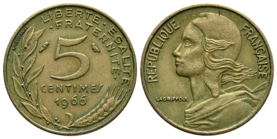 ФРАНЦИЯ 5 САНТИМОВ 1966 ТИП MARIANNE KM 933, LE FRANC 125.2 алюминиевая бронза 54-1026