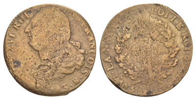 Франция 2 соля 1793 B, Людовик XVI (1774-1792) KM 603.2 бронза 109-735