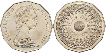 АВСТРАЛИЯ 50 ЦЕНТОВ 1977 СЕРЕБРЯННЫЙ ЮБИЛЕЙ КОРОЛЕВЫ, ЕЛИЗАВЕТА II, МОЛОДОЙ ПОРТРЕТ KM 70 медно-никель UNC 107-133